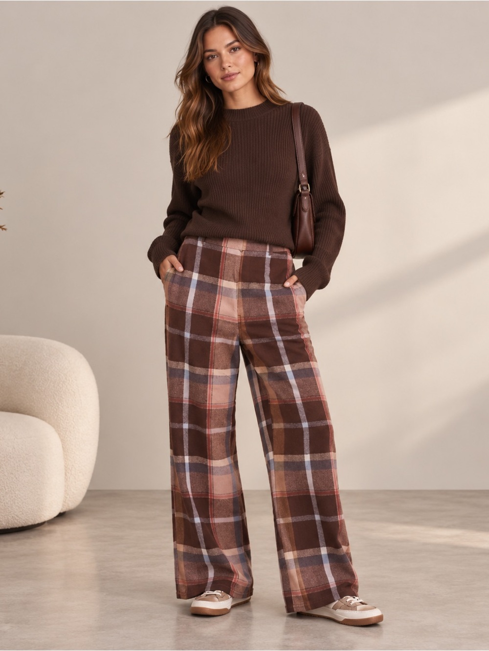 Urban Outfitters Abby Plaid Wide Leg Pants 0 Brown Pink Y2K Trousers